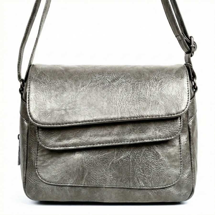 شنطة كروس جلد إيطالي مستورد لون فضي بسوست وإكسسوارات مستوردة مقاس 18×25