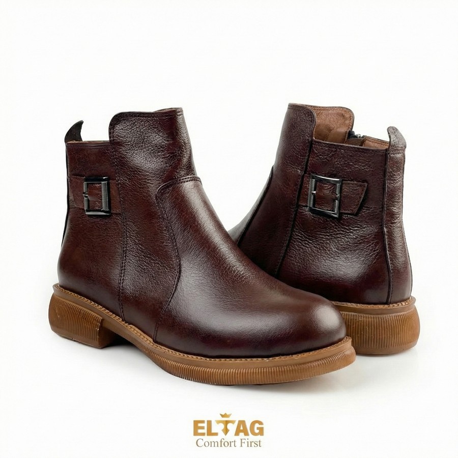 هاف بوت حريمي جلد طبيعي لون بني بسوستة مستوردة وفرش جلد طبيعي ونعل بلوتان طبي مريح بارتفاع 1 سم